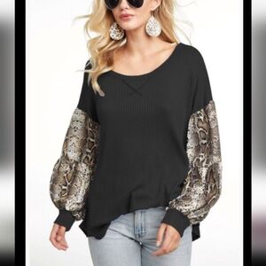Bibi Waffle Knit Snakeskin Python Balloon Sleeve Top